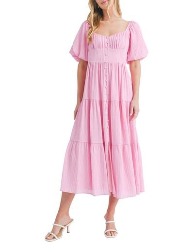 All In Favor Puff Sleeve Tiered Midi Dress In At Nordstrom, Size Medium - Pink