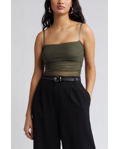 Open Edit Ruched Mesh Camisole - Green