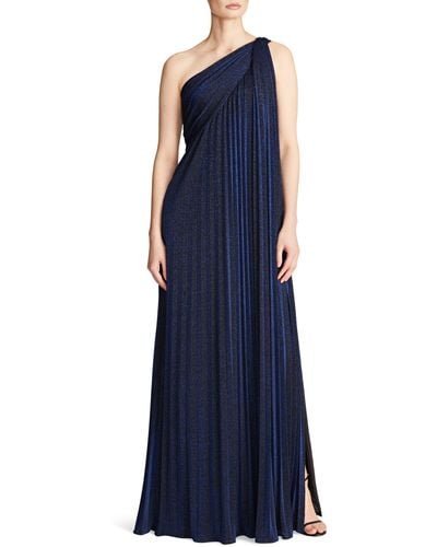 Halston Priya Metallic Knit Pleated One Shoulder Gown - Blue