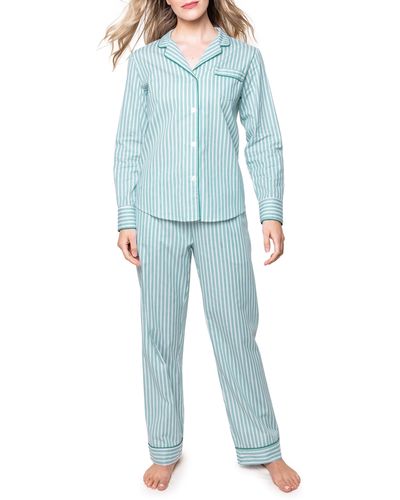 Petite Plume Emerald Ticking Stripe Cotton Twill Pajamas - Blue