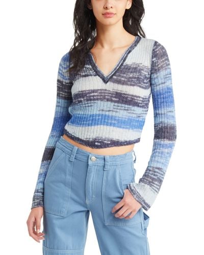BDG Stripe Flare Sleeve Crop Sweater - Blue