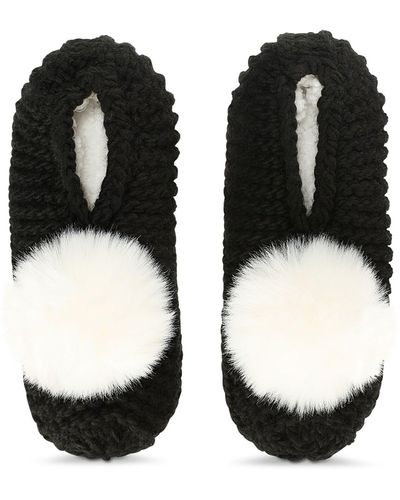 Memoi Faux Fur Pompom Faux Shearling Lined Slipper Socks - Black