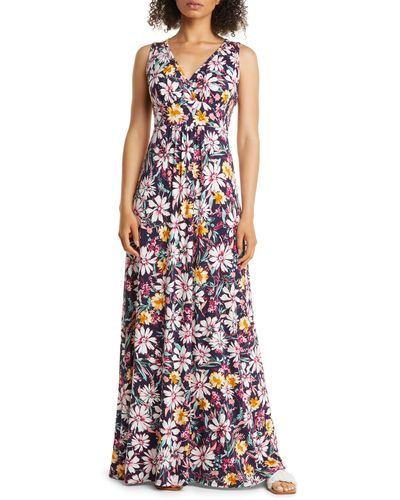 Loveappella Floral Print Empire Waist Jersey Maxi Dress - Multicolor
