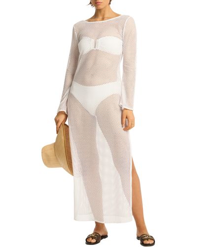 Sea Level Surf Long Sleeve Mesh Cover-up Dress - Natural