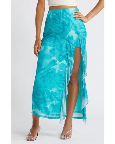 Something New Coco Ruffle Mesh Maxi Skirt - Blue