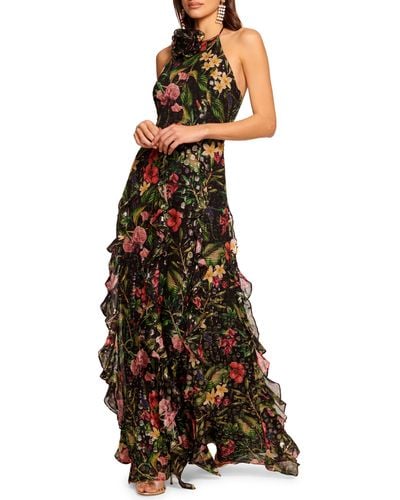 Ramy Brook Idella Metallic Floral Halter Neck Gown - Multicolor