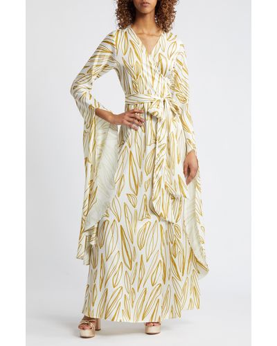 Diarrablu Maya exaggerated Long Sleeve Fiore Print Jacquard Wrap Dress - Natural