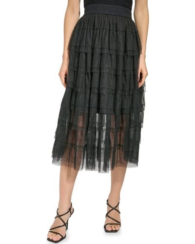 DKNY Tiered Ruffle Tulle Midi Skirt - Black
