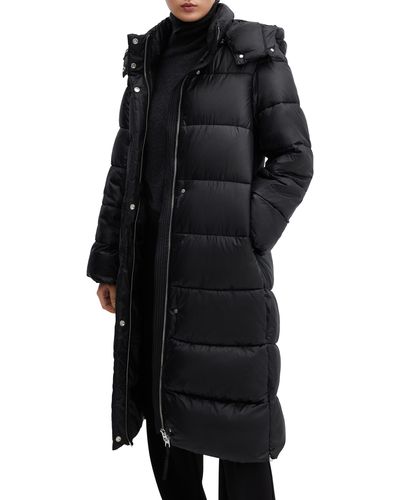 Mango Water Repellent Channel Quilted Hooded Coat - Black