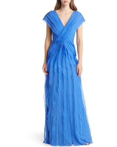 Tadashi Shoji Cap Sleeve Shutter A-line Gown - Blue