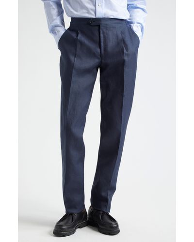 Thom Sweeney Tailored Pleated Linen Pants - Blue