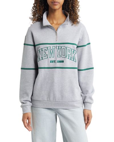 THE VINYL ICONS Embroidered Ny Quarter Zip Pullover - Gray