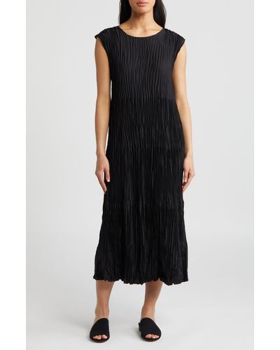 Eileen Fisher Pleated Tiered Silk Midi Dress - Black