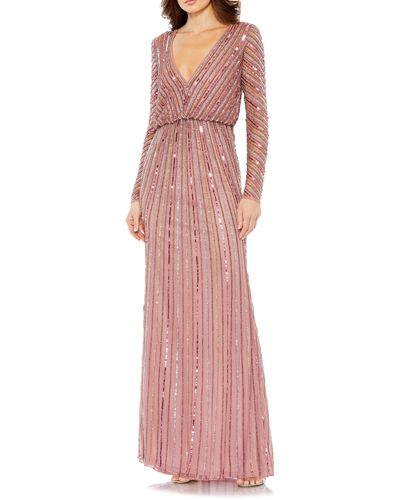 Mac Duggal Sequin Stripe Long Sleeve V-neck Mesh Gown - Pink
