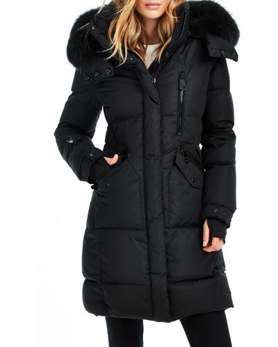Sam. Longline Quilted Down Jacket With Removable Faux Fur Trim Hood - Black