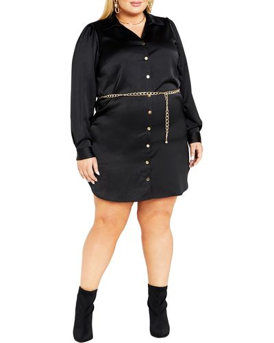 City Chic Faye Belted Long Sleeve Satin Shirtdress - Black
