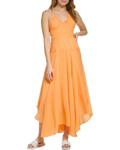 DKNY Halter Neck Crinkle Rayon Maxi Dress - Orange