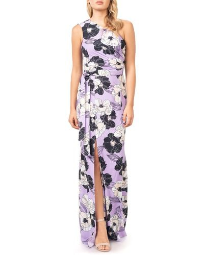 Dress the Population Bella Floral Print One-shoulder Gown - White