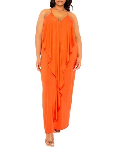 Buxom Couture Cascade Ruffle Racerback Maxi Dress - Orange