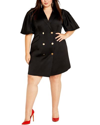 City Chic Julissa Short Sleeve Satin Blazer Dress - Black