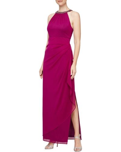 Alex Evenings Embellished Halter Ruched Column Formal Gown - Purple