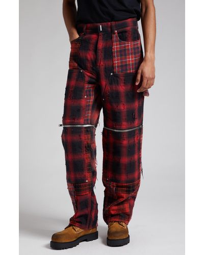Givenchy Zip Off Convertible Distressed Plaid Carpenter Jeans - Red