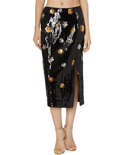 MILLY 3d Floral Sequin Midi Skirt - Black