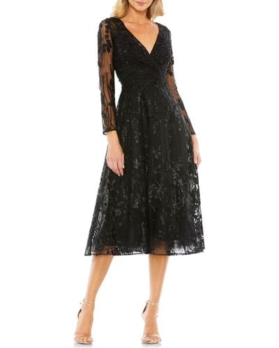 Mac Duggal Embellished Floral Lace Long Sleeve Fit & Flare Cocktail Dress - Black