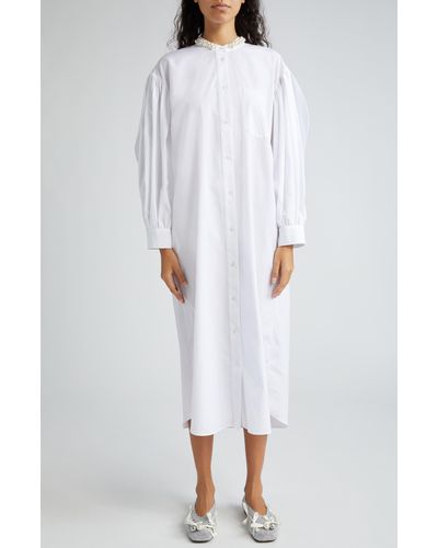Simone Rocha Bow Back Long Sleeve Cotton Poplin Midi Shirtdress - White