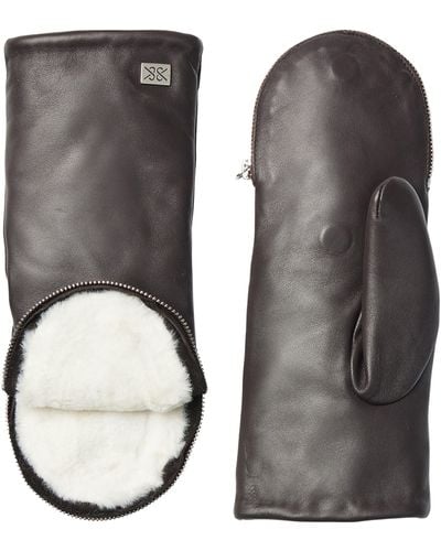 SOIA & KYO Leather Zip Top Mittens With Faux Fur Lining - Black