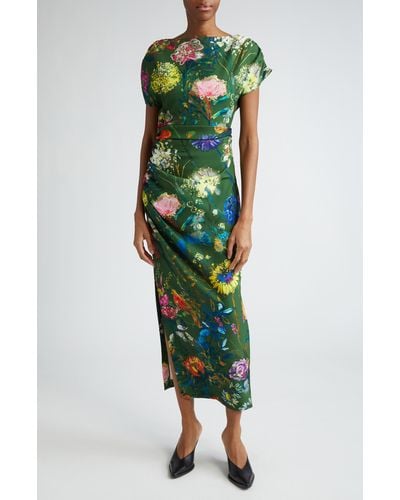 Lela Rose Floral Ruched Dress - Green