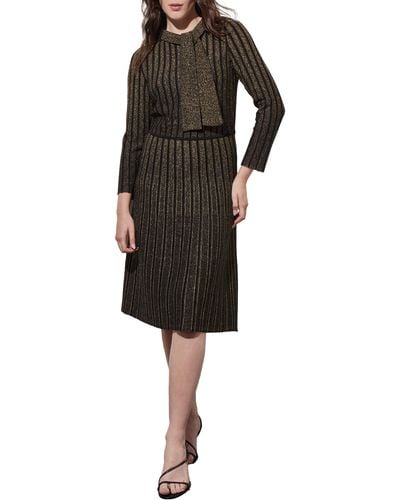 Ming Wang Shimmer Stripe Tie Neck Metallic Sweater Dress - Black