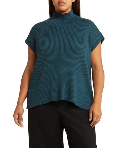 Eileen Fisher Turtleneck Short Sleeve Merino Wool Sweater - Blue