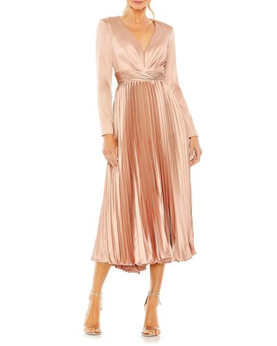 Ieena for Mac Duggal Pleated Long Sleeve Satin Midi Dress - Multicolor