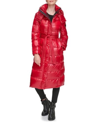 Karl Lagerfeld Contrast Belted Longline Puffer Jacket - Red