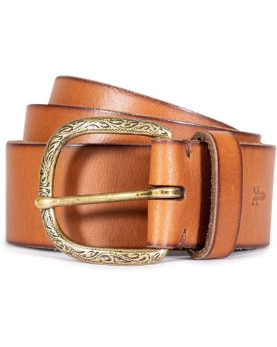 Frye Burnished Leather Belt With Engraved Buckle - Brown