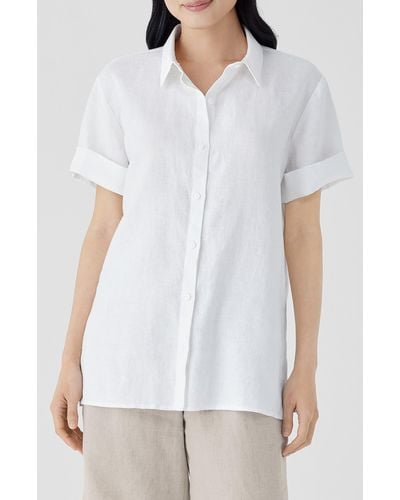 Eileen Fisher Classic Short Sleeve Organic Linen Button-up Shirt - White
