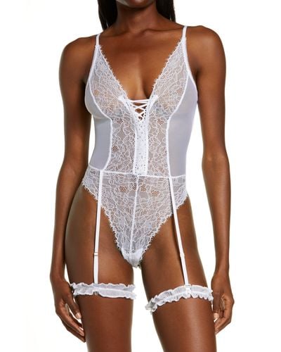 MAPALE Strappy Lace Teddy With Garter Straps - Brown