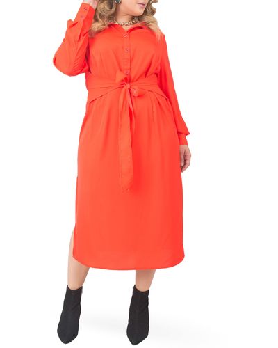Standards & Practices Tie Waist Long Sleeve Midi Dress - Orange