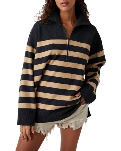 Free People Coastal Stripe Pullover Sweater - Black
