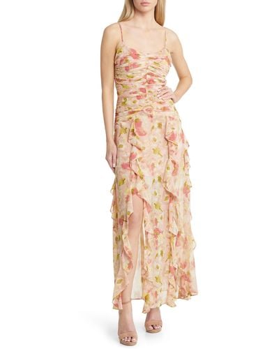 FLORET STUDIOS Floral Ruched Bodice Cascading Ruffle Maxi Dress - Natural
