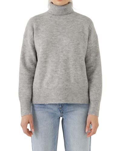 English Factory Notch Hem Turtleneck Sweater - Gray