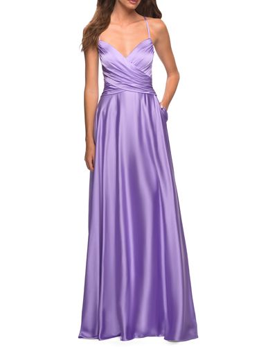 La Femme Sleeveless Satin Gown - Purple
