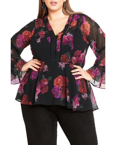 City Chic Chaya Floral Long Sleeve Top - Red