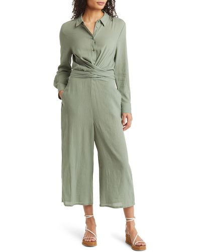 Caslon Caslon(r) Wrap Front Long Sleeve Cotton Blend Jumpsuit - Green