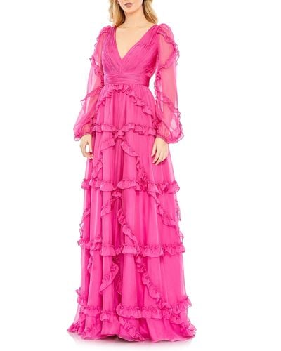 Mac Duggal Tiered Ruffle Long Sleeve Gown - Pink