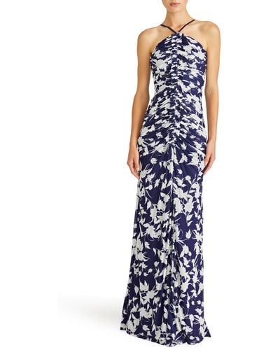 ML Monique Lhuillier Giuliana Ruched Sleeveless Mesh Gown - Blue