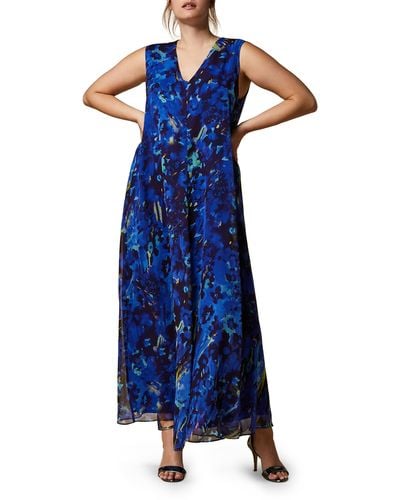 Marina Rinaldi Floral Silk Midi Dress - Blue