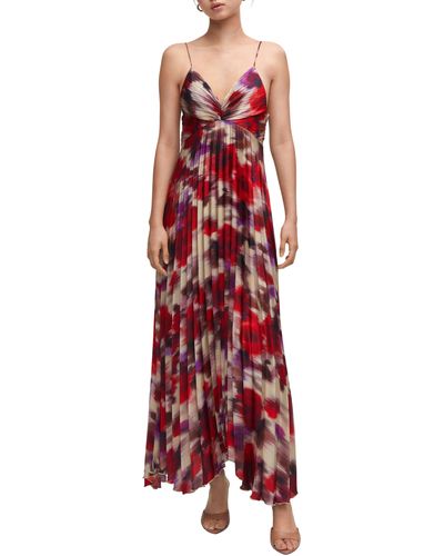 Mango Floral Pleated Sleeveless Maxi Dress - Red