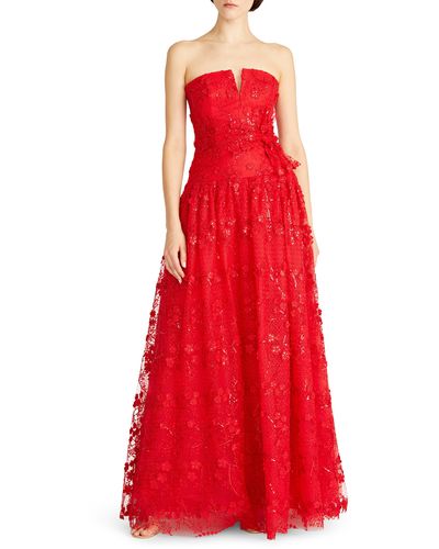 ML Monique Lhuillier Celia Sequin Floral Strapless Tie Front Tulle Gown - Red